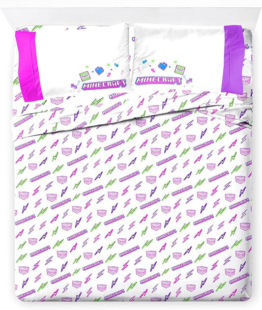 Jay Franco Kids Sheet Set with Fitted, Flat Sheets & Pillow Cover - Ultra-Soft Bedding with Pillowcase for Room Decor, Purple - Minecraft, 4 Piece Full