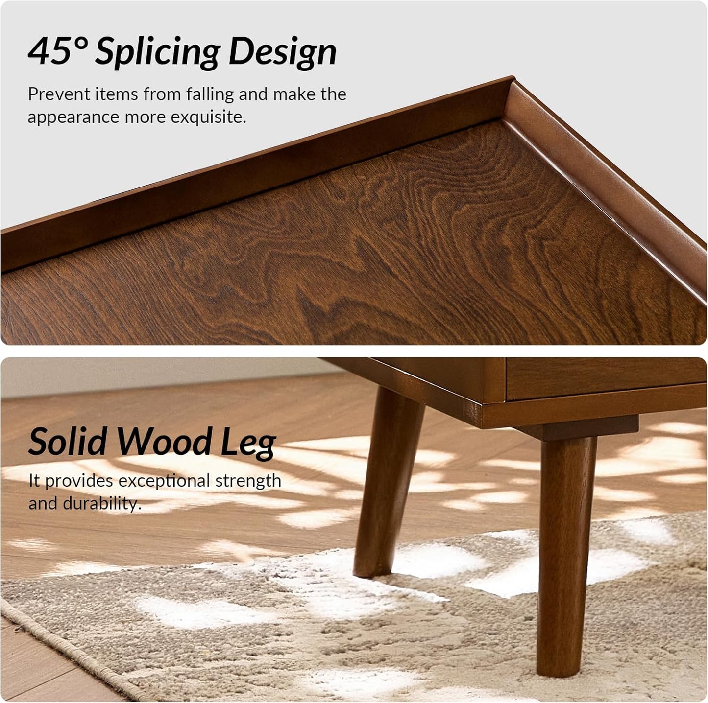 HULALA HOME 2 Drawer Nightstand with Charging Station, Mid-Century Modern Bedside Tables with Wood Legs, Wood Night Stand with Pull-Out Shelf Set of 2, Walnut