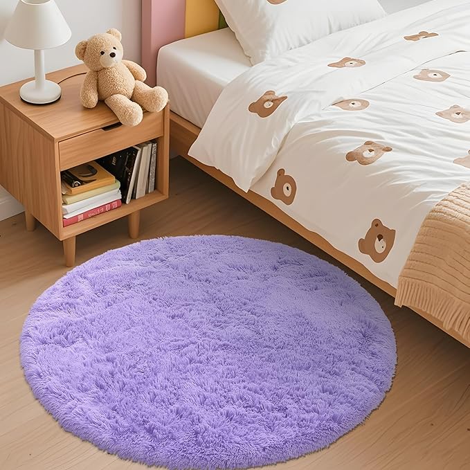 OLANLY Light Purple Round Rugs for Bedroom - Machine Washable, 3 ft Circle Area Rugs for Living Room, Soft and Fluffy Shaggy Carpet for Teen Girls and Boys, Nursery Rooms, Dorms, Home Decor Aesthetic