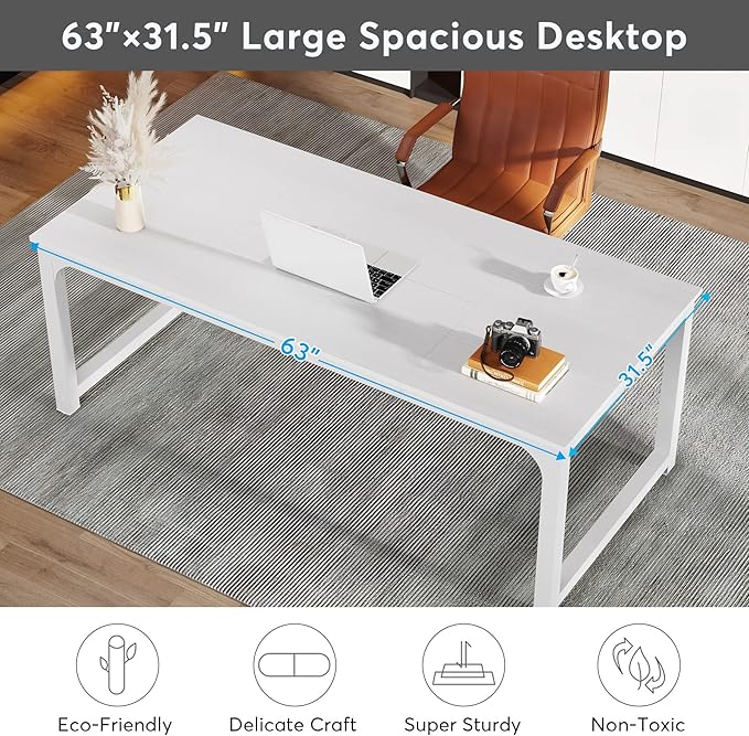 Tribesigns Modern Computer Desk, 63 x 31.5 inch Large Executive Office Desk Computer Table Study Writing Desk Workstation for Home Office, Spliced Desktop, White