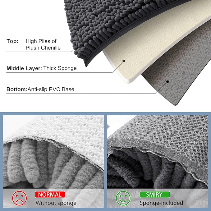 Smiry Luxury Chenille Bathroom Rugs 36x24, Extra Soft and Absorbent Shaggy Bath Mat, Machine Washable, Non-Slip Plush Carpet Runner for Tub, Shower, and Floor, Home Decor Accessories, Charcoal Grey