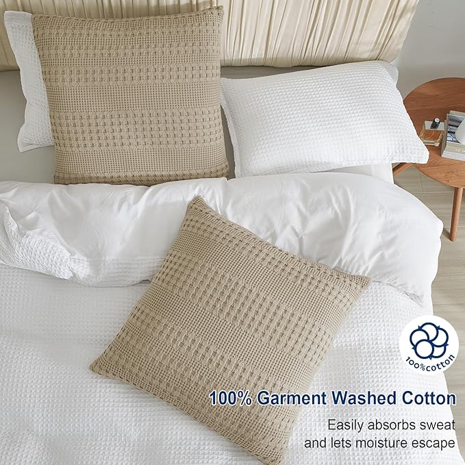 PHF Waffle Weave Euro Pillow Shams, 2 Pack 100% Cotton Pillow Covers 26x26 Inches for Decor, No Insert, Luxury Aesthetic Euro Pillow Cases for Bedroom Decor, Khaki