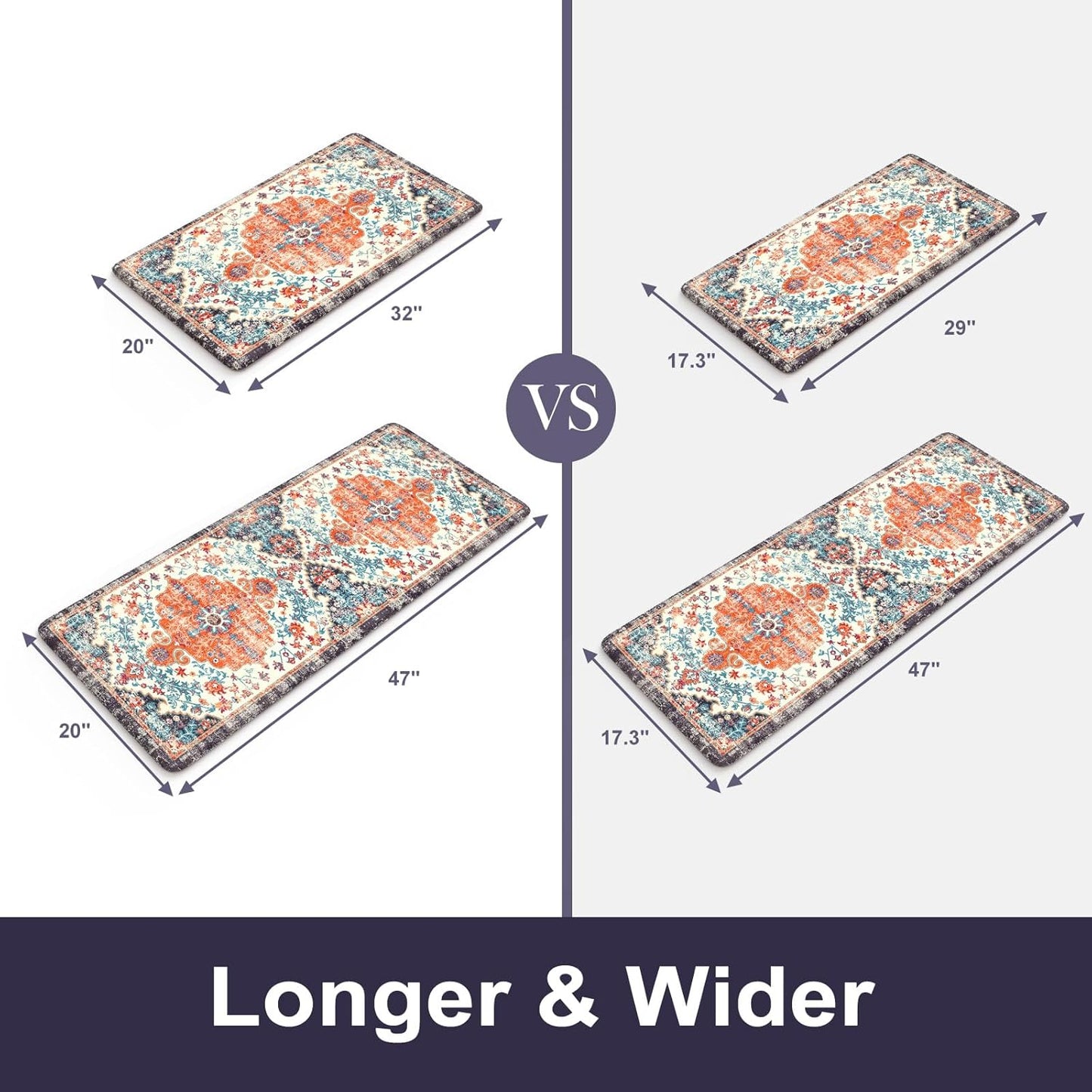 KIMODE Anti Fatigue Kitchen Mats, Boho Vintage Kitchen Rugs - Sets of 2, Cushioned Non Slip Comfort Rugs for Kitchen Floor, Sink, Laundry, Desk - Orange/Purple 20"x47"+20"x32"