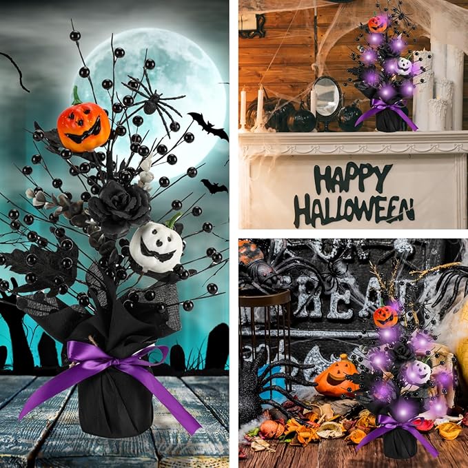 18 Inch Halloween Table Tree, LED Lighted Artificial Tree with Pumpkin,Spider, Black Berries,Halloween Centerpiece for Table, Holiday Party Home Decor