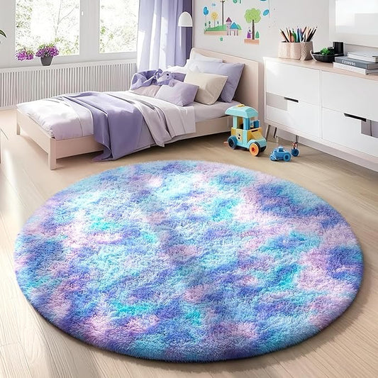 Ophanie Round Rug 4Ft Tie-Dye Rainbow Purple Circle Area Rug, Fluffy Fuzzy Bedroom Carpet, Plush Soft Shaggy Indoor Floor Colorful Living Room Rugs for Kids Home Decor Aesthetic, Nursery