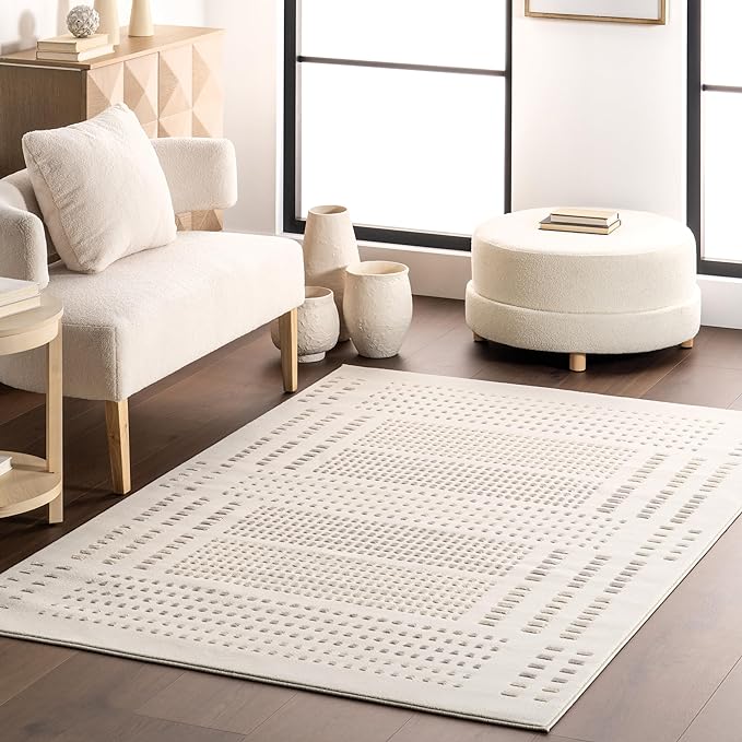 nuLOOM 9' x 12' Indoor Area Rug, 100% Recycled PET, Machine Washable, Oeko-TEX Certified, Medium Pile, Pet-Friendly, Rowyn Geometric Cream