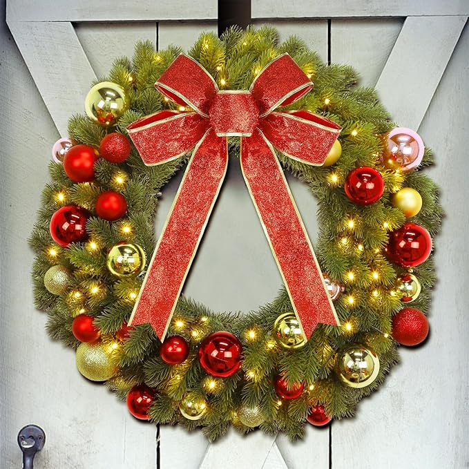 Juegoal 21 Inch Pre-Lit Christmas Wreath with Metal Hanger, Lighted Xmas Folded Wreath with 60 LED Lights, Red Bow and Colorful Balls, Battery Operated & Timer for Outdoor Home Window Wall Front Door