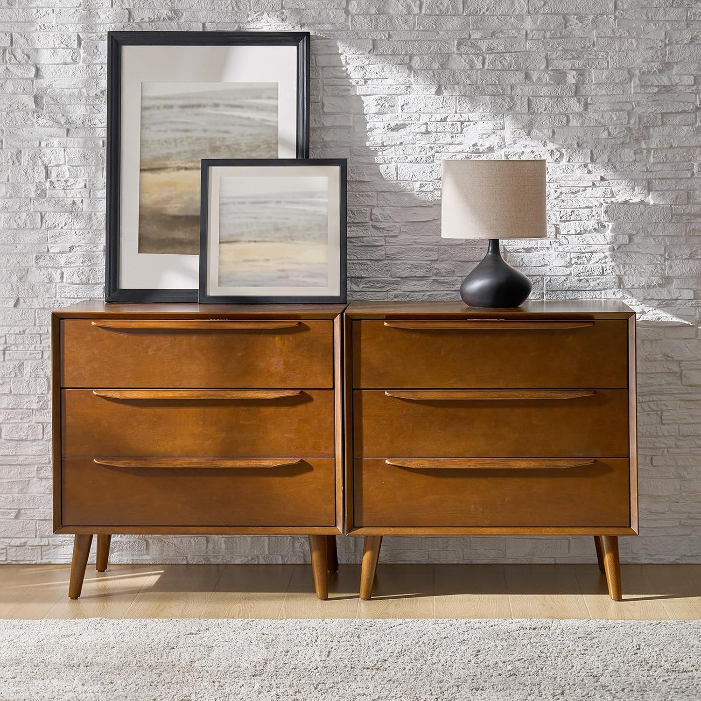 HULALA HOME Mid-Century Modern Nightstand Set of 2, 3-Drawers Nightstand with Charging Station(Acron)