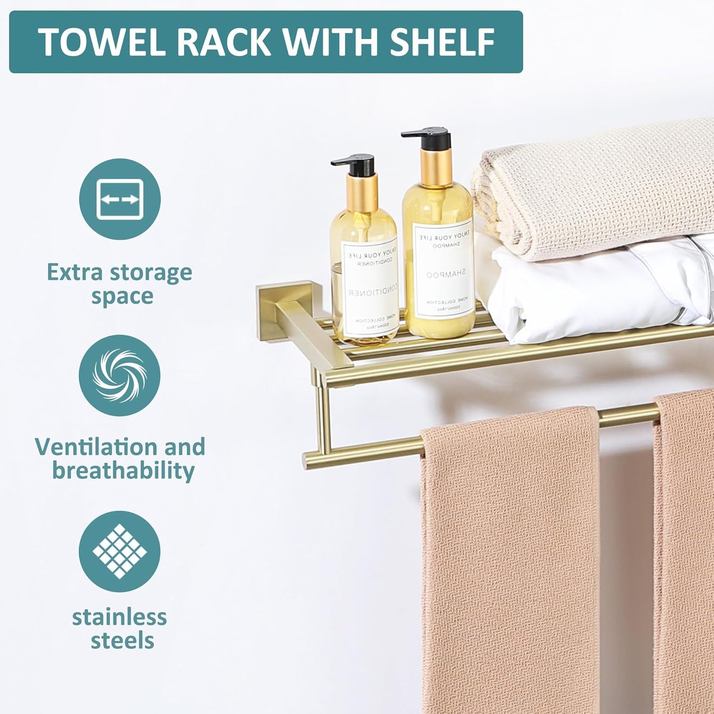 Alise Towel Rack,Towel Holder Towel Hanger with Towel Bar for Bathroom Lavatory,Wall Mount SUS 304 Stainless Steel Towel Shelf,GKL100-G Brushed Gold 16-Inch