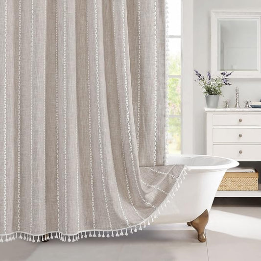 MitoVilla Boho Farmhouse Fabric Shower Curtain, Tan Brown Modern Polyester Linen Shower Curtains for Vintage Rustic Bathroom Decor, Country Tassel Thick Cloth Shower Curtain, Taupe, 72 x 72