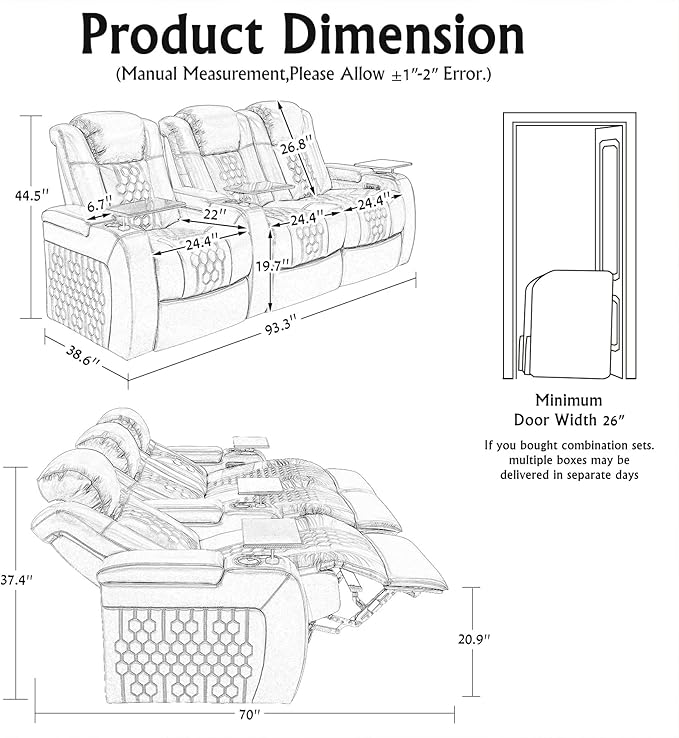 Home Theater Seating, Living Room, Powered Headrest, Powered Lumbar, Italian Leather, Powered Recline, Single Recliner (Black, Row of 3 Loveseat Right)