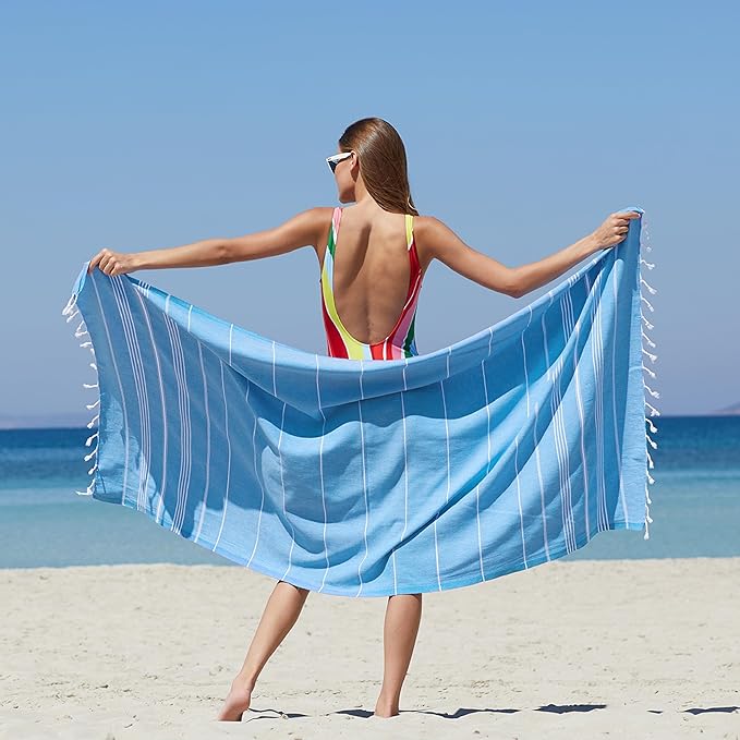 WETCAT Turkish Beach Towel Oversized (38"x71") 100% Turkish Cotton, Made in Turkey - Sand Free, Extra Large, Ultra Soft, Quick Drying, Compact & Lightweight for Travel - Blue