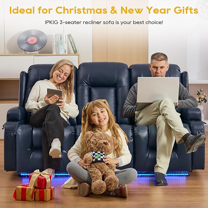 IPKIG 76" Power Reclining Sofa, Electric Home Theater Seating with Flipped Middle Backrest/LED Lighting/USB Ports/Built-in Outlets, Dual Recliner Sofa 3 Seater for Living Room RV (Blue)