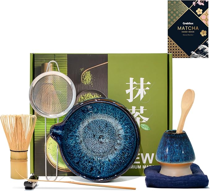 Matcha Whisk Set, Blue Matcha Set (9 Pcs) Includes Matcha Bowl, Whisk & Holder, Scoop, Sifter, Spoon, Scoop Rest, Tea Mat, Hand Book - Ideal Ceramic Matcha Kit for Matcha Lovers