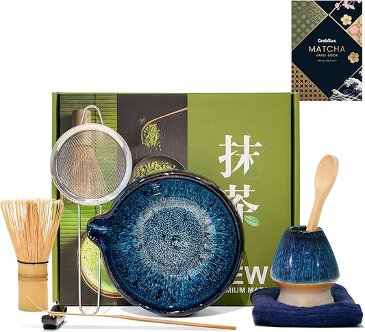Matcha Whisk Set, Blue Matcha Set (9 Pcs) Includes Matcha Bowl, Whisk & Holder, Scoop, Sifter, Spoon, Scoop Rest, Tea Mat, Hand Book - Ideal Ceramic Matcha Kit for Matcha Lovers