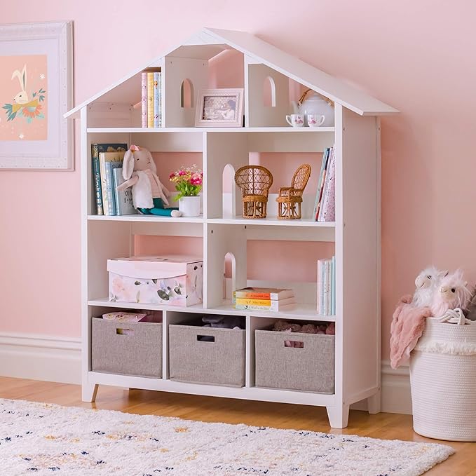 Martha Stewart Kids Deluxe Dollhouse Bookcase - Linen White Bookshelf: Wooden Book & Toy Storage Shelf Organizer | Toddler Book Organization | Kids' Tall Bookshelf for Playroom and Bedroom Storage