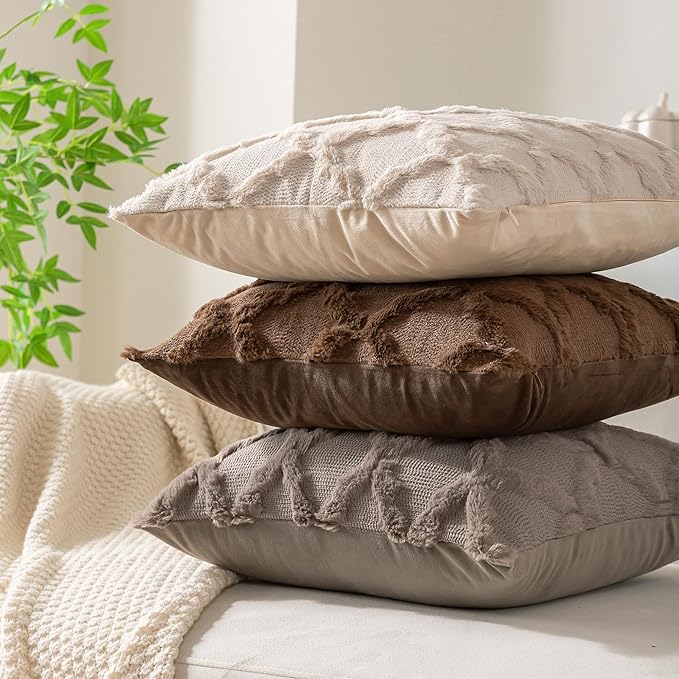 Set of 2 Soft Moroccan Throw Pillow Covers 20x20 Inch Plush Boho Decorative Pillow Cover Accent Cushion Case for Couch Sofa Bed, Deep Brown
