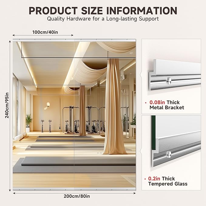 Home Gym Mirror, 95'' x 40'' x 2PCS, Large Full Body Mirror for Yoga, Frameless Tempered Glass, Wall Mounted for Home Gym, Garage, Bedroom, Bathroom