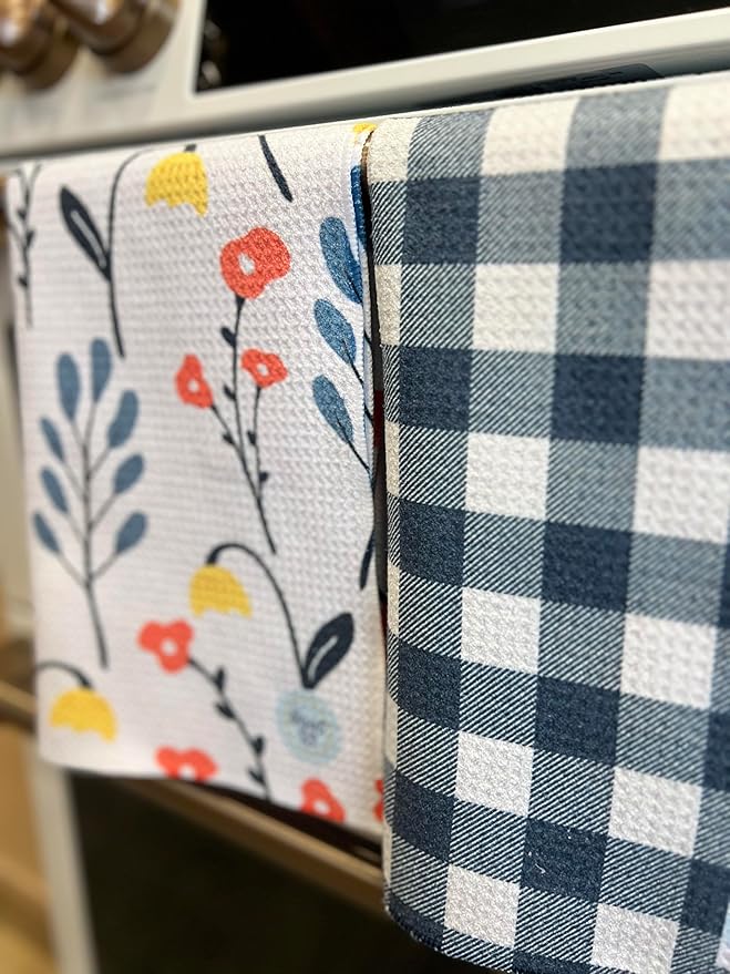 || 2 Pack Double Sided|| Not Your Ordinary Dish Towels || Waffle Weave Microfiber || Tea Towels || Highly Absorbent || Hanging Loop || Dish Cloths || Designer Prints|| Navy