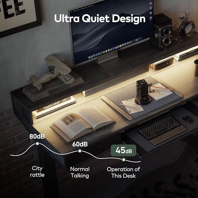 FEZIBO 48 x 24 Inch Height Adjustable Electric Standing Desk with Double Drawers&Keyboard Tray, Stand Up Desk with LED Strips&Monitor Stand,Rustic Grey Top