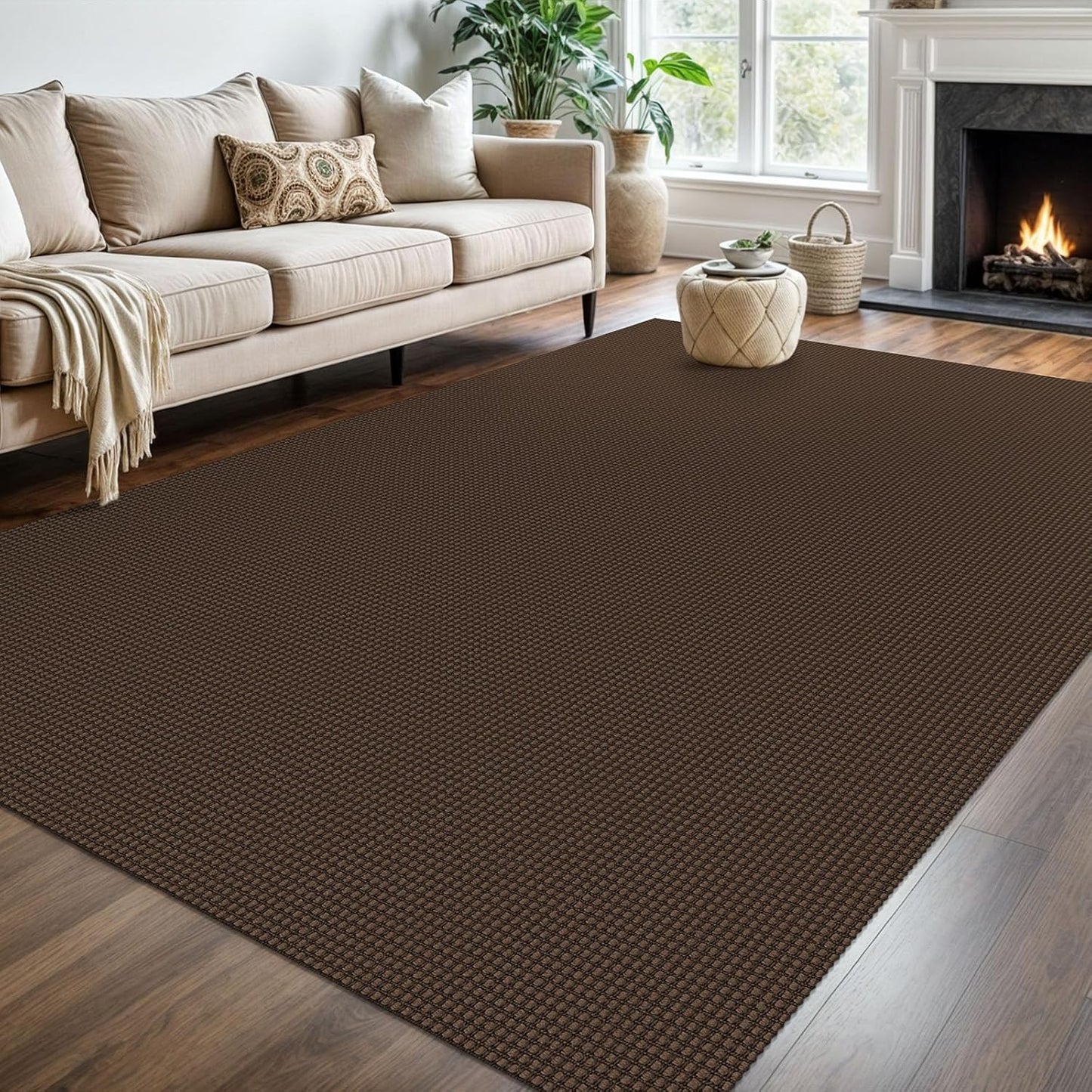 KOZYFLY Washable Area Rug 6x9 ft Rubber Backed Non Slip Rugs for Living Room Braided Cotton Bedroom Rug Woven Office Rugs Indoor Floor Carpets for Dining Bedroom Living Room, Reddish Brown/Coffee