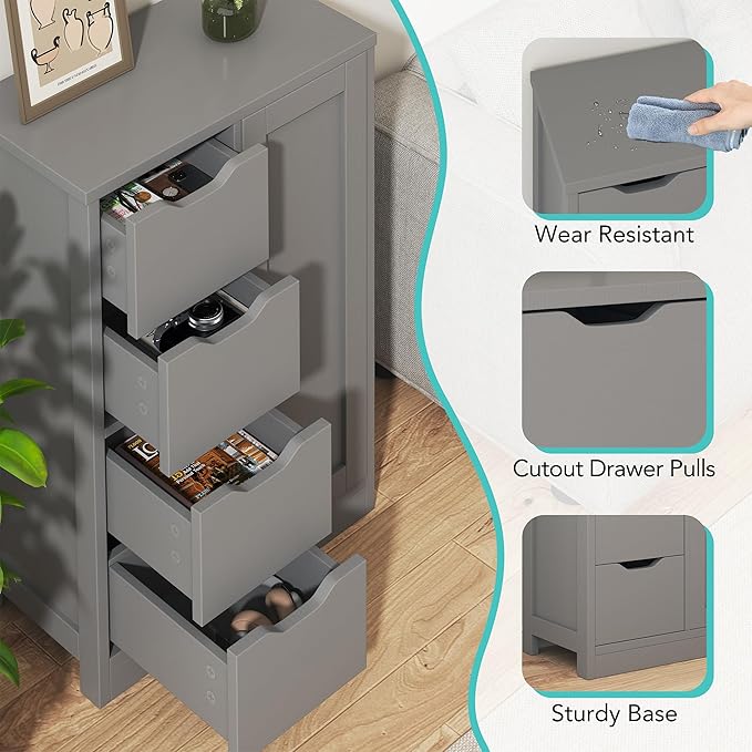 Vongrasig Bathroom Floor Storage Cabinet, Wooden Storage Organizer with 4 Drawers and 1 Door, Freestanding Pantry Cabinet with Adjustable Shelves for Bathroom, Living Room, Kitchen, Entryway, Grey