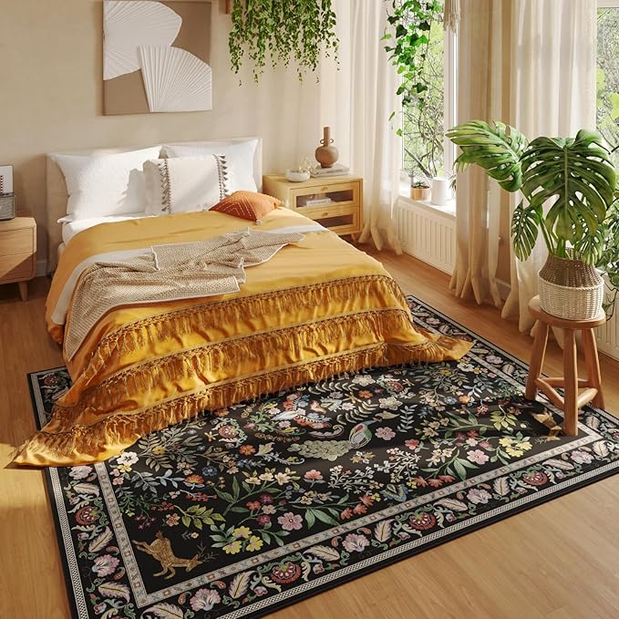 Living Room Rug 5x7 Rug Machine Washable Area Rug Floral Non-Slip Low Pile Large Rugs for Living Room, Bedroom, Farmhouse, Dining Room, Kids Playroom (Vibrant Black)
