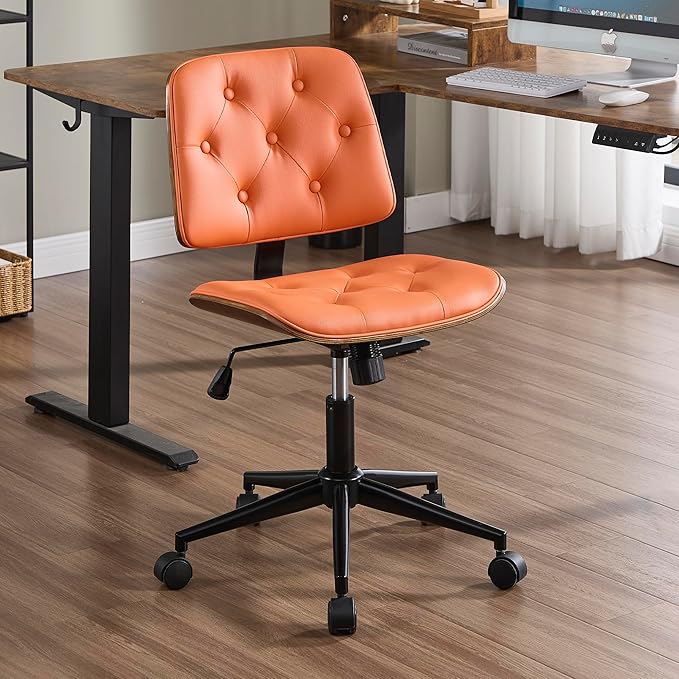 Small Home Office Chair - Armless Mid Back Desk Chair with 360° Swivel and Wheels, PU Upholstered Height Adjustable Modern Walnut Computer Chair for Home, Office Meeting Room - Orange