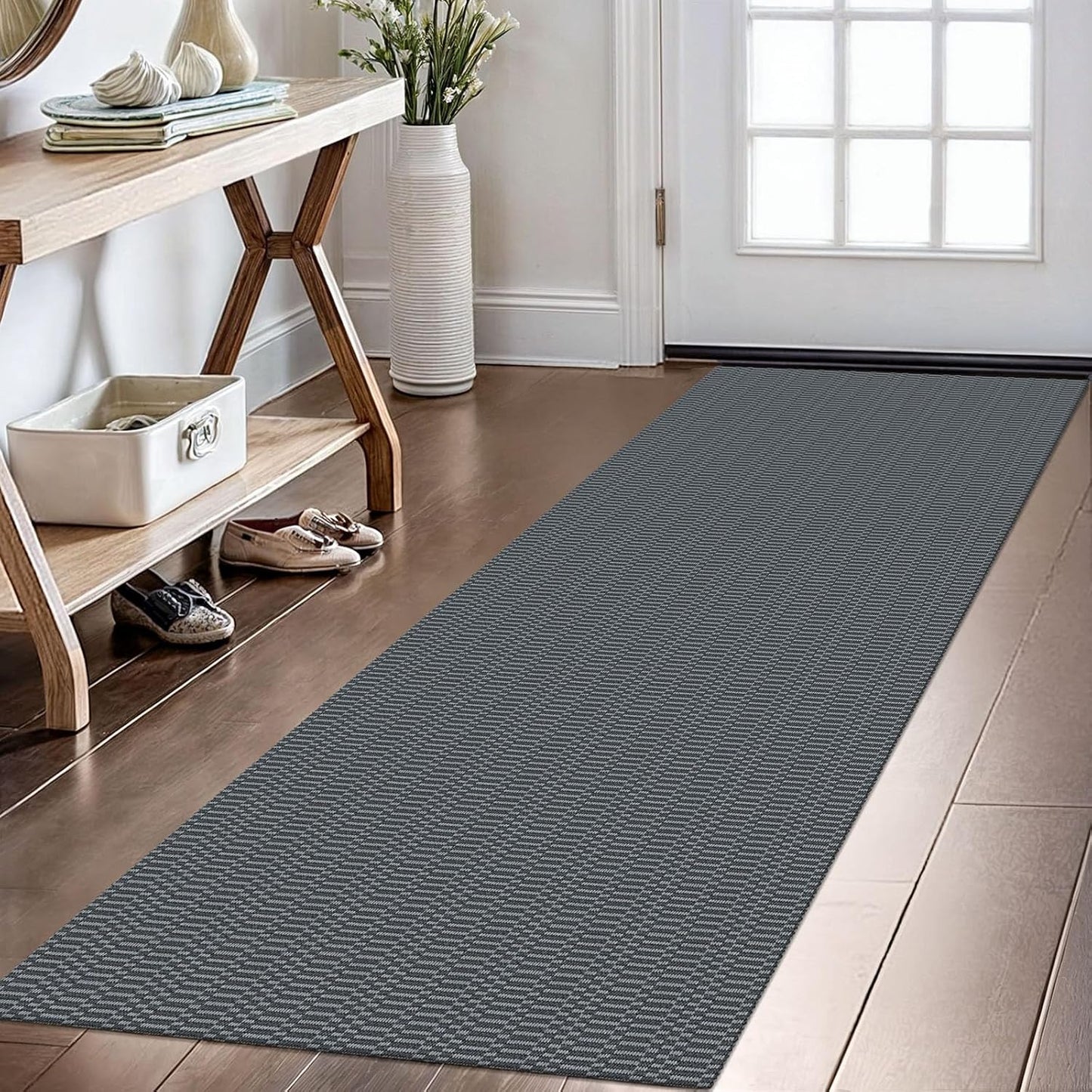 KOZYFLY Washable Runner Rug 2x6 Ft Runners for Hallways Non Slip Kitchen Runner Rugs Braided Cotton Entryway Runner Indoor, Carpet Runners for Hallway Kitchen Entryway Bedroom, Grey/Charcoal Grey