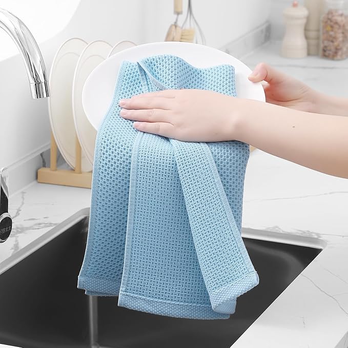 Homaxy 100% Cotton Waffle Weave Kitchen Dish Towels, Ultra Soft Absorbent Quick Drying Cleaning Towel, 13 x 28 Inches, 4-Pack, Sky Blue