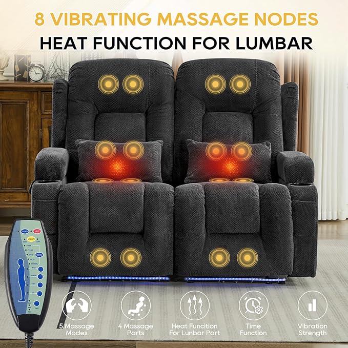 IPKIG 54" Power Reclining Loveseat Sofa, Electric Home Theater Seating with Console/4 Colors Ambient Lighting/USB Ports/Cup Holders for Living Room, Bedroom, Home, RVs (Charcoal, 2 Seater)