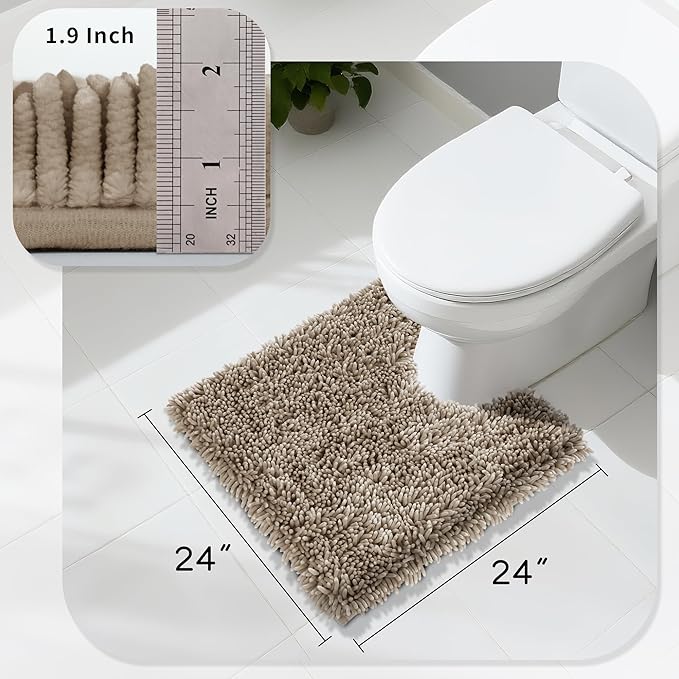 Yimobra Toilet Rugs U Shaped Washable, Extra Thick Soft Absorbent Chenille Contour Bathroom Rugs for Toilet 24x24 Inch, Quick Dry Non Slip Toilet Mat for Bath Floor, Camel