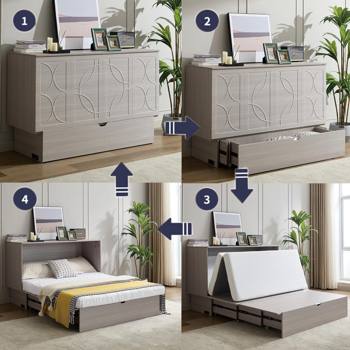 KEIKI Murphy Bed Cabinet Queen - Foldable Wall Bed with Foam Mattress, 2 Large Storage Drawers & USB Charging Station, Space Saving Furniture for Guest Room, Bedroom, Office, Living Room, Grey