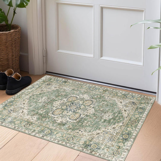 2x3 Rugs for Entryway - Washable Doormat Ultra-Thin Sage Green Oriental Non-Slip Kitchen Rugs Boho Tribal Low-Pile Floor Carpet Vintage Throw Rug for for Indoor Front Entrance Bathroom