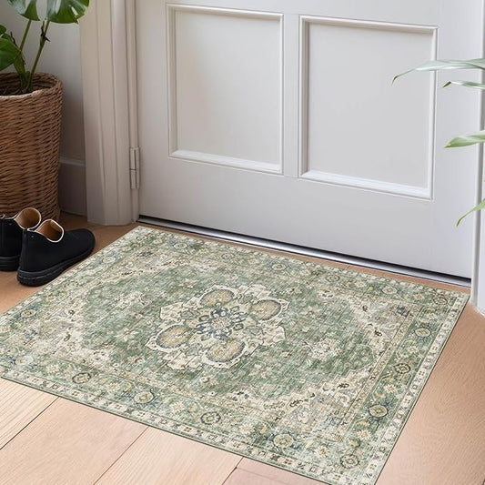 2x3 Rugs for Entryway - Washable Doormat Ultra-Thin Sage Green Oriental Non-Slip Kitchen Rugs Boho Tribal Low-Pile Floor Carpet Vintage Throw Rug for for Indoor Front Entrance Bathroom