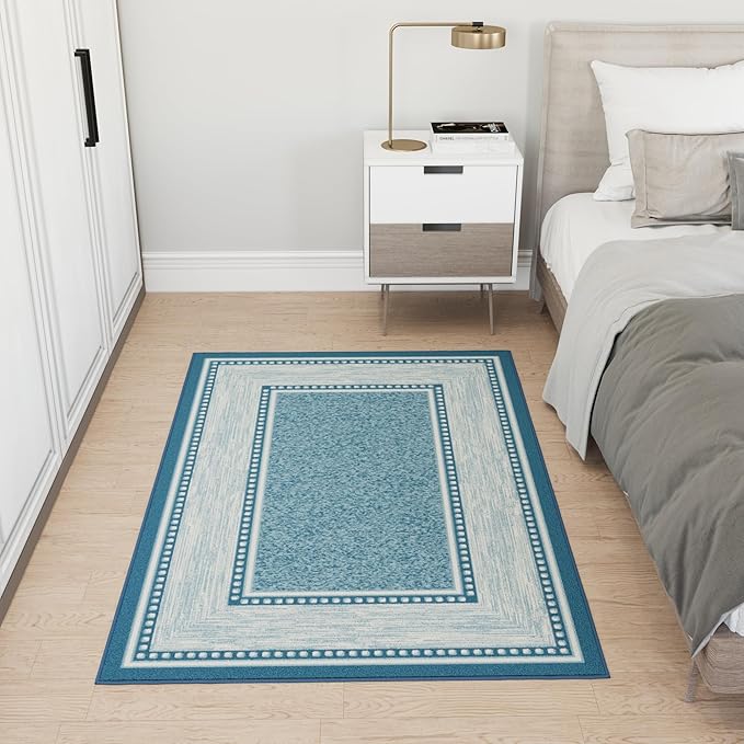 Ottomanson 3'3" x 5' Rugs for Living Room Border Area Rug for Bedroom - Non Slip Durable Large Floor Carpet for High Traffic Areas - Indoor Rug for Dining Room Kitchen Kids Playroom, Turquoise