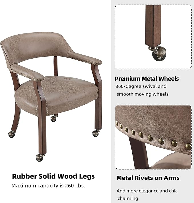 Solid Wood Boss Caption's Chairs,Dinning Chairs with Wheels and Arms,Office Desk Chairs, Classic Swivel Accent Chairs with Upholstered,Dinner Chairs, 31.5¡±H for Living Room Light Brown SY1533LT