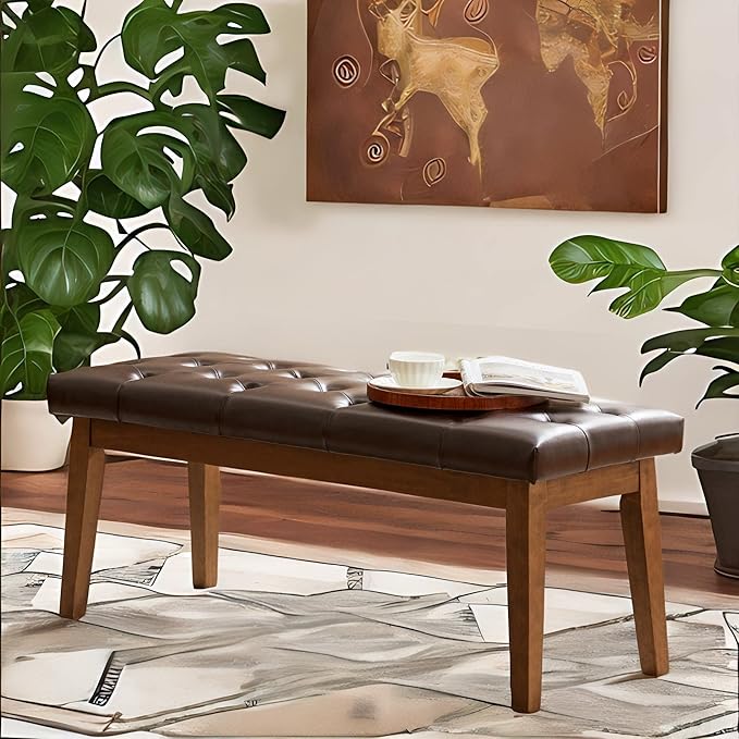 HUIMO Button-Tufted Bench for End of Bed, Entryway Bench with Upholstered Linen Fabric, Ottoman Bench for Living Room,Dining Bench for Kitchen(Brown)