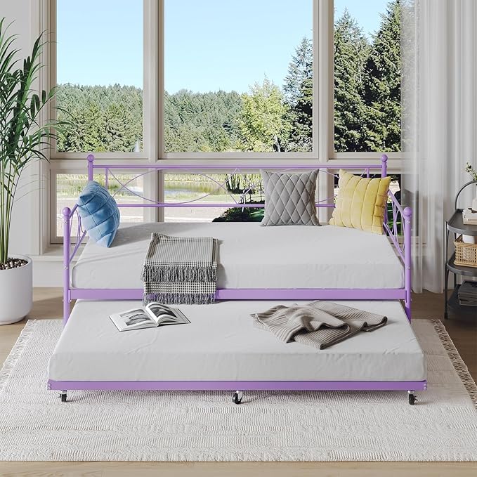 IDEALHOUSE Twin daybed with Trundle, Metal Twin Daybed and Trundle Set, Day Bed Sofa Bed Frame with Steel Slat Support, Multifunctional Daybed Frame for Bedroom (Purple Sets)