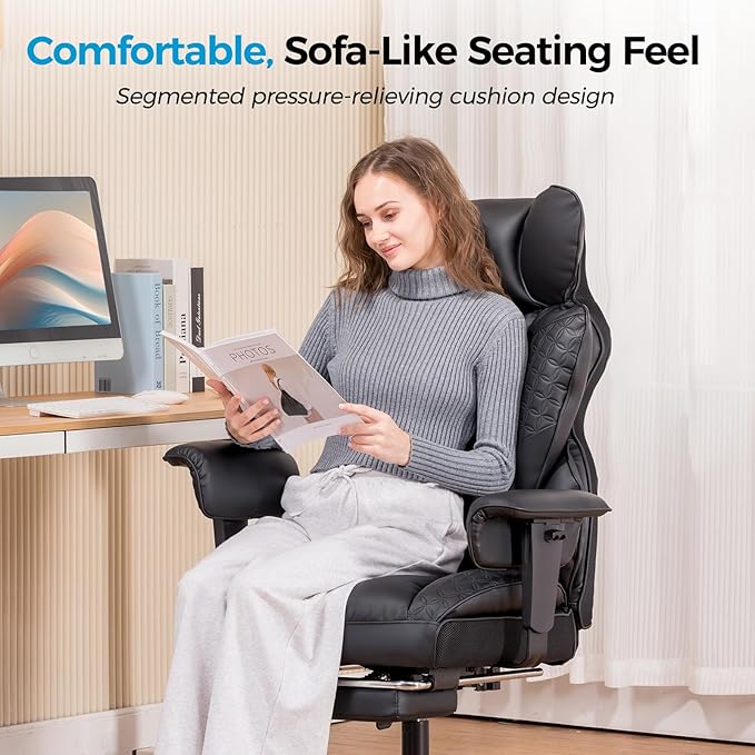 COMHOMA Big and Tall Office Chair 400LBS Wide Ergonomic Gaming Chair with Deluxe Embossing Leather with Foot Rest 150°Reclining Adjustable Armrests Pocket Spring Back Support and Without Pillow