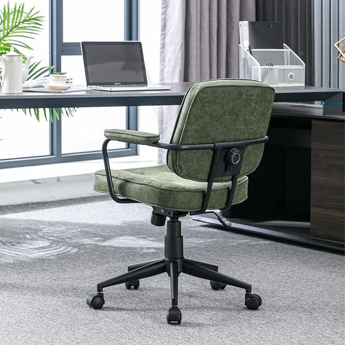 LukeAlon Adjustable Pu Leather Tiltable Office Chair, Comfy 360°Swivel Task Chair with Armrest Modern Thickened Seat Desk Chair with Button Tufted for Home Office, Green
