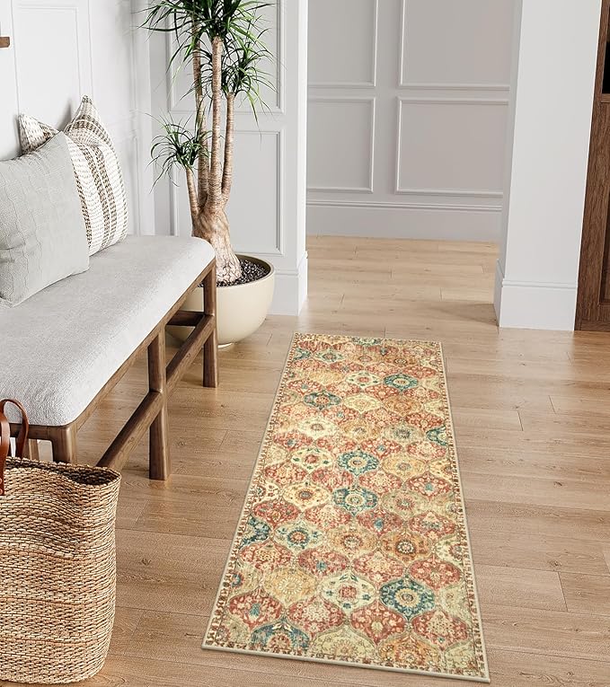 Lahome Moroccan Trellis Hallway Rug, 2x5 Washable Runner Rug Non Slip Kitchen Runners for Hallways, Ultra-Thin Vintage Carpet for Bedroom Bathroom Entryway, Red/Orange