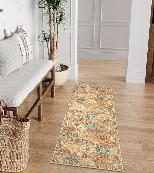 Lahome Moroccan Trellis Hallway Rug, 2x5 Washable Runner Rug Non Slip Kitchen Runners for Hallways, Ultra-Thin Vintage Carpet for Bedroom Bathroom Entryway, Red/Orange