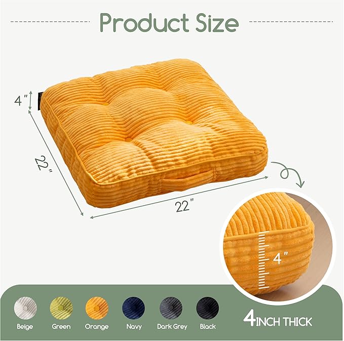 HIGOGOGO Washable Floor Pillow Cushion for Adults, Meditation Cushion Pillow, Large Square Floor Sitting, Removable Tufted Corduroy Cover, for Tatami Living Room or Yoga, 22x22 Inch, Machine Washable