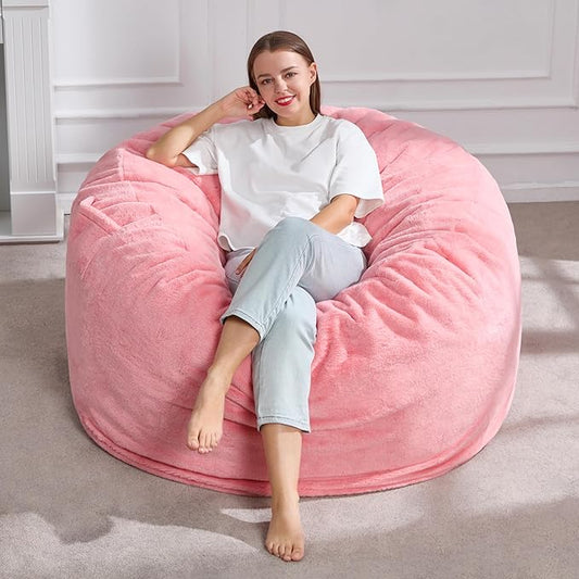 Hobestluk 4ft Bean Bag Chairs for Adults Large Beanbag Chair with Plush Faux Fur Cover Big Bean Bag Chair for Living Room Bedroom Dorm Office -Pink (44” x 44” x 24”)