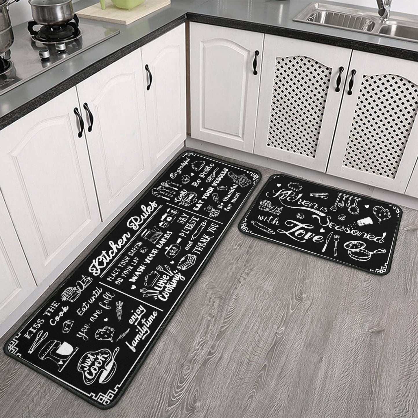 Black and White Kitchen Rugs Kitchen Decor Rugs Set Kitchen Rules Theme Non Skid 2 Piece Kitchen Mats For Floor Washable Absorbent Microfiber Kitchens Accessories Decoration Floor Mats 17"x47"+17"x30"