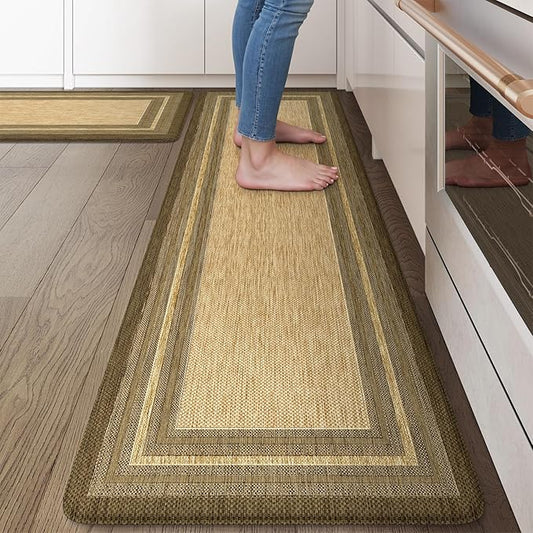 KIMODE Anti Fatigue Cushioned Kitchen Mats for Floor 2 Piece, Boho Vintage Kitchen Rugs Non Skid, Comfort Memory Foam Standing Desk Mats for Laundry Office Sink 17.3"x29"+17.3"x59" Brown/Khaki