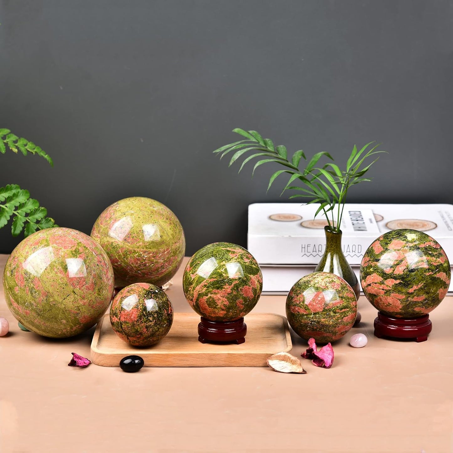 JIC Gem Unakite Stone Crystal Sphere Ball with Decorative Stand Quartz Crystal Ball Healing Gemstone Sphere for Fengshui Reiki Decor (50-60mm)