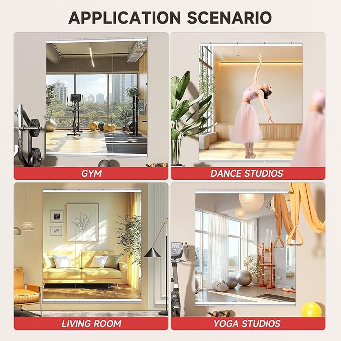 Home Gym Mirror, 55'' x 17'' x 3PCS, Large Full Body Mirror for Yoga, Frameless Tempered Glass, Wall Mounted for Home Gym, Garage, Bedroom, Bathroom