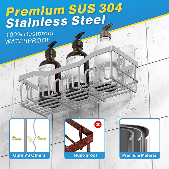 5-Pack Rustproof Stainless Steel Shower Caddy Set– No Drill Adhesive Bathroom Organizer, Space-Saving Shower Shelves for Apartment Essentials, Bathroom/Kitchen Storage Home Decor-L Size